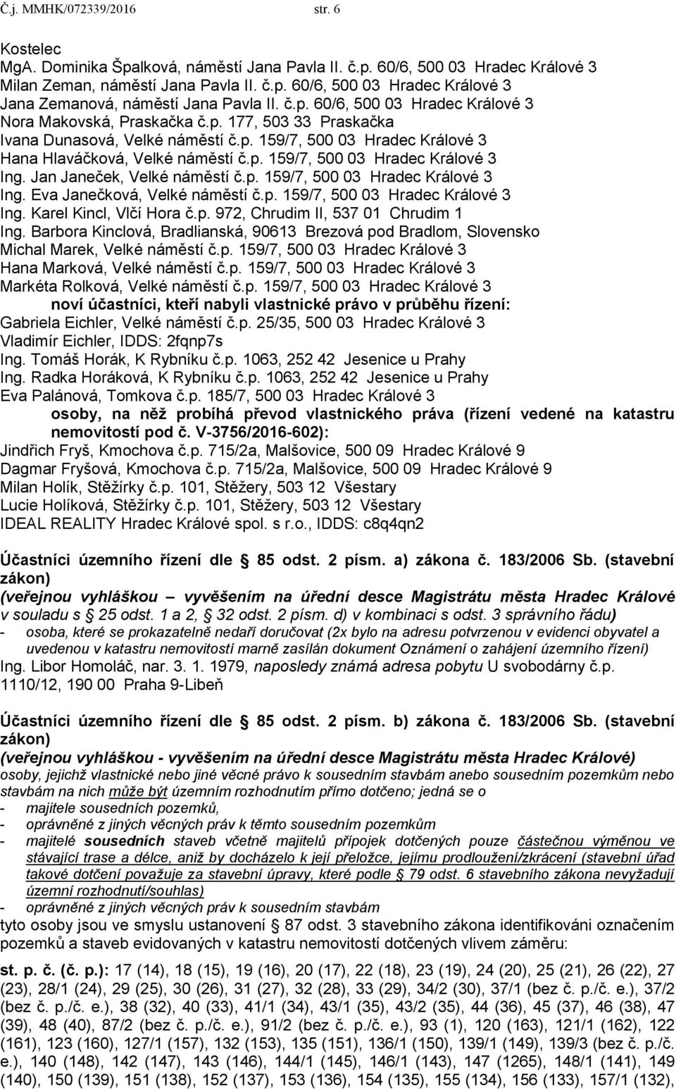 Jan Janeček, Velké náměstí č.p. 159/7, 500 03 Hradec Králové 3 Ing. Eva Janečková, Velké náměstí č.p. 159/7, 500 03 Hradec Králové 3 Ing. Karel Kincl, Vlčí Hora č.p. 972, Chrudim II, 537 01 Chrudim 1 Ing.