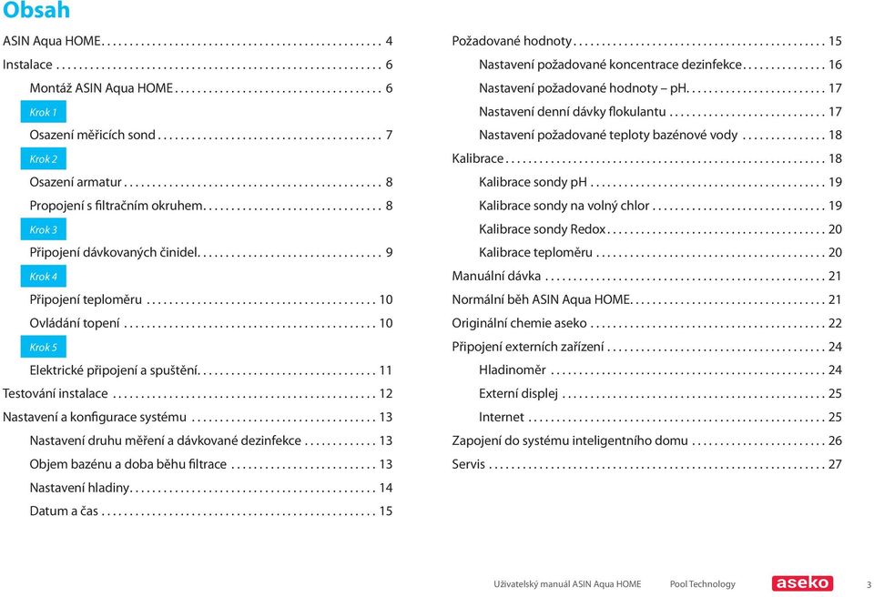 ..13 Nastavení druhu měření a dávkované dezinfekce...13 Objem bazénu a doba běhu filtrace...13 Nastavení hladiny....14 Datum a čas...15 Požadované hodnoty.