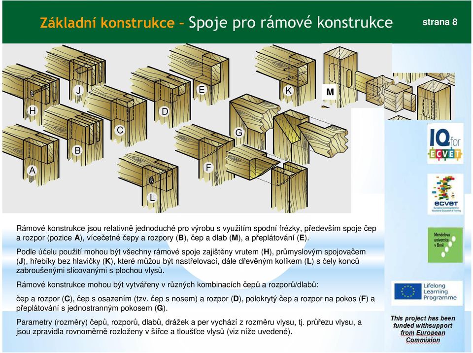 Podle účelu použití mohou být všechny rámové spoje zajištěny vrutem (H), průmyslovým spojovačem (J), hřebíky bez hlavičky (K), které můžou být nastřelovací, dále dřevěným kolíkem (L) s čely konců