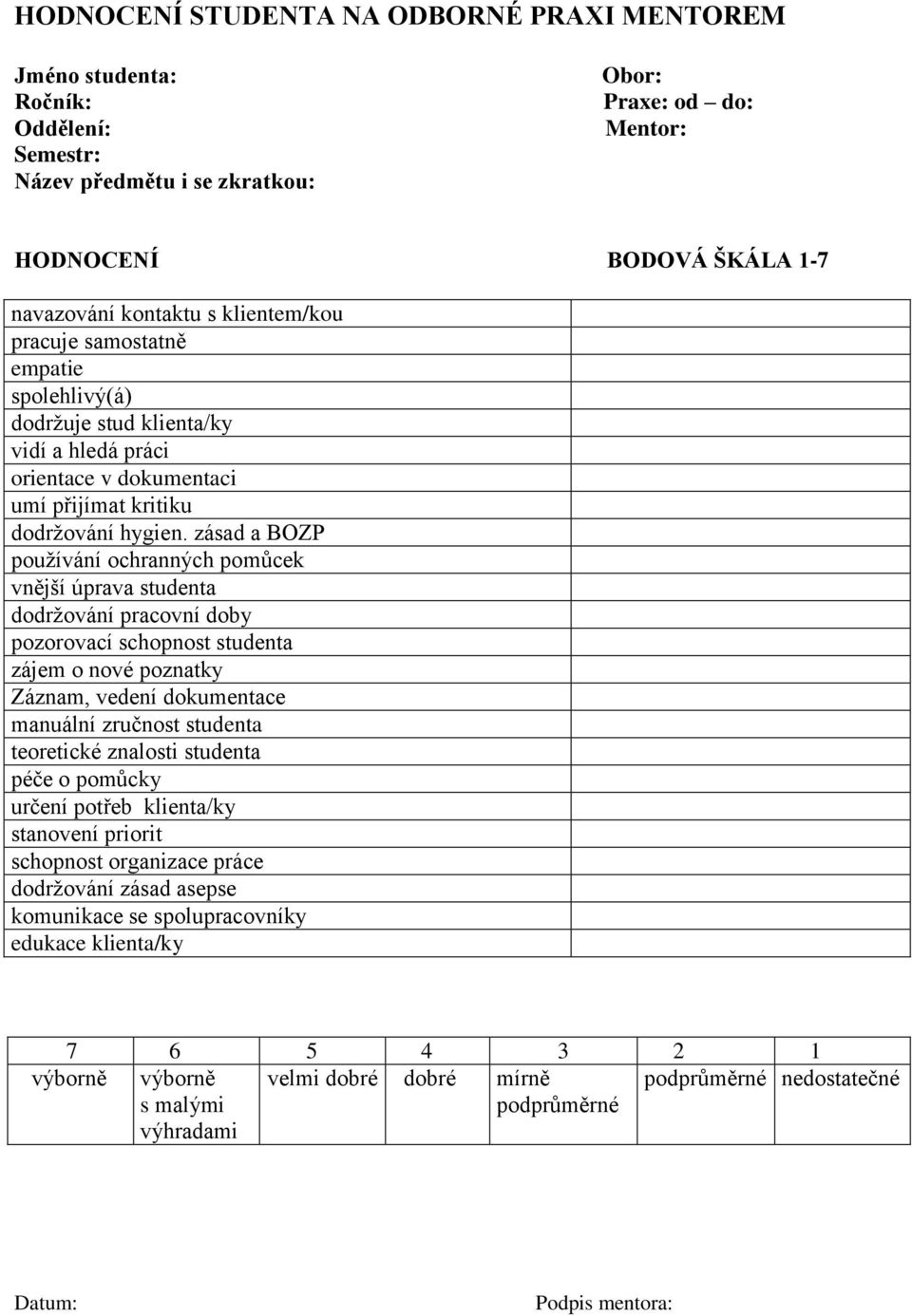 zásad a BOZP používání ochranných pomůcek vnější úprava studenta dodržování pracovní doby pozorovací schopnost studenta zájem o nové poznatky Záznam, vedení dokumentace manuální zručnost studenta