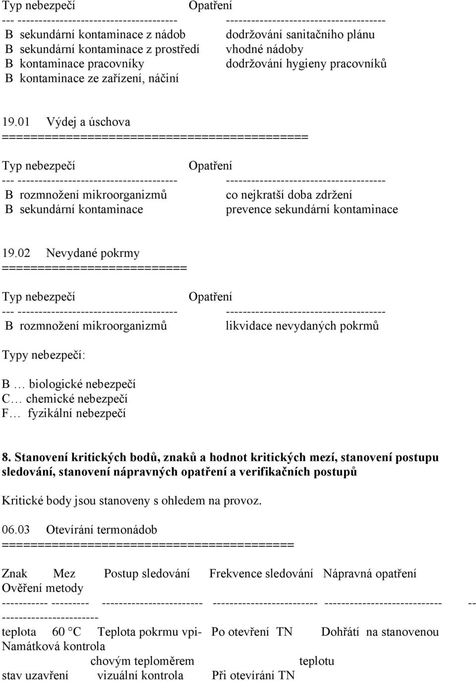 02 Nevydané pokrmy ========================== B rozmnožení mikroorganizmů likvidace nevydaných pokrmů Typy nebezpečí: B biologické nebezpečí C chemické nebezpečí F fyzikální nebezpečí 8.