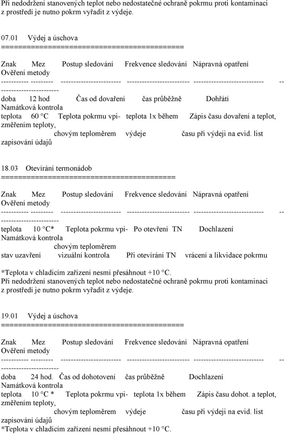 ------------------------- ---------------------------- -- ----------------------- doba 12 hod Čas od dovaření čas průběžně Dohřátí Namátková kontrola teplota 60 C Teplota pokrmu vpi- teplota 1x během