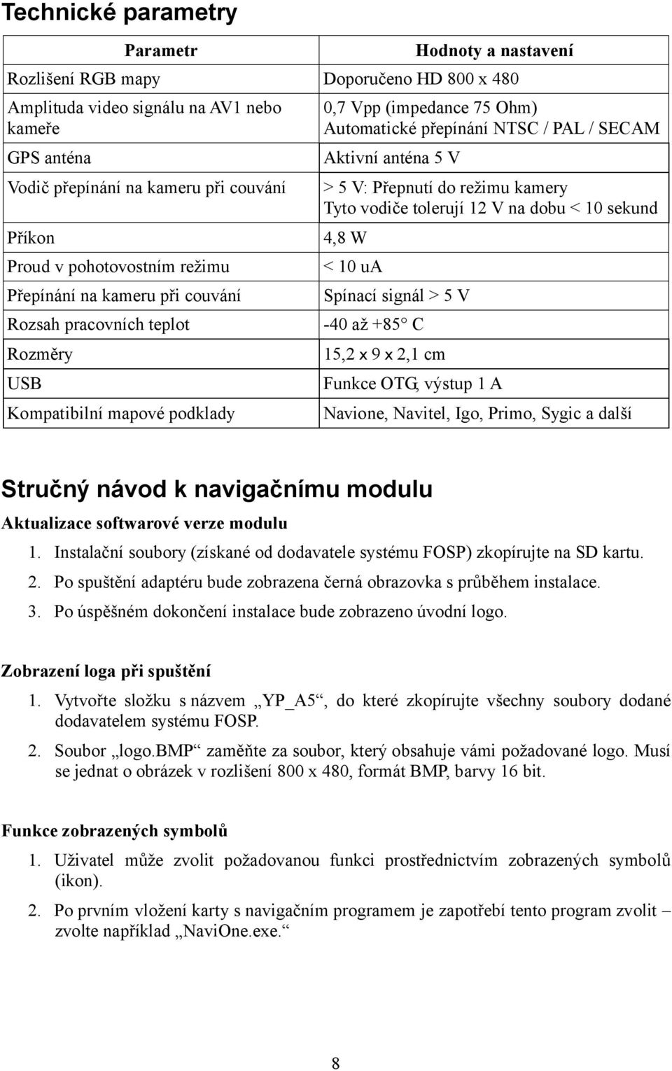 anténa 5 V > 5 V: Přepnutí do režimu kamery Tyto vodiče tolerují 12 V na dobu < 10 sekund 4,8 W < 10 ua Spínací signál > 5 V -40 až +85 C 15,2 x 9 x 2,1 cm Funkce OTG, výstup 1 A Navione, Navitel,