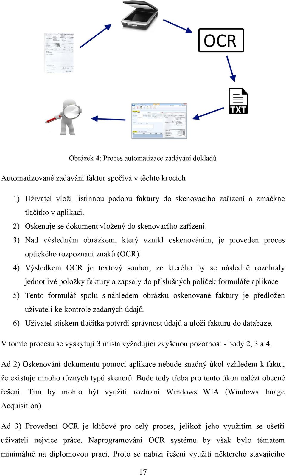 4) Výsledkem OCR je textový soubor, ze kterého by se následně rozebraly jednotlivé položky faktury a zapsaly do příslušných políček formuláře aplikace 5) Tento formulář spolu s náhledem obrázku