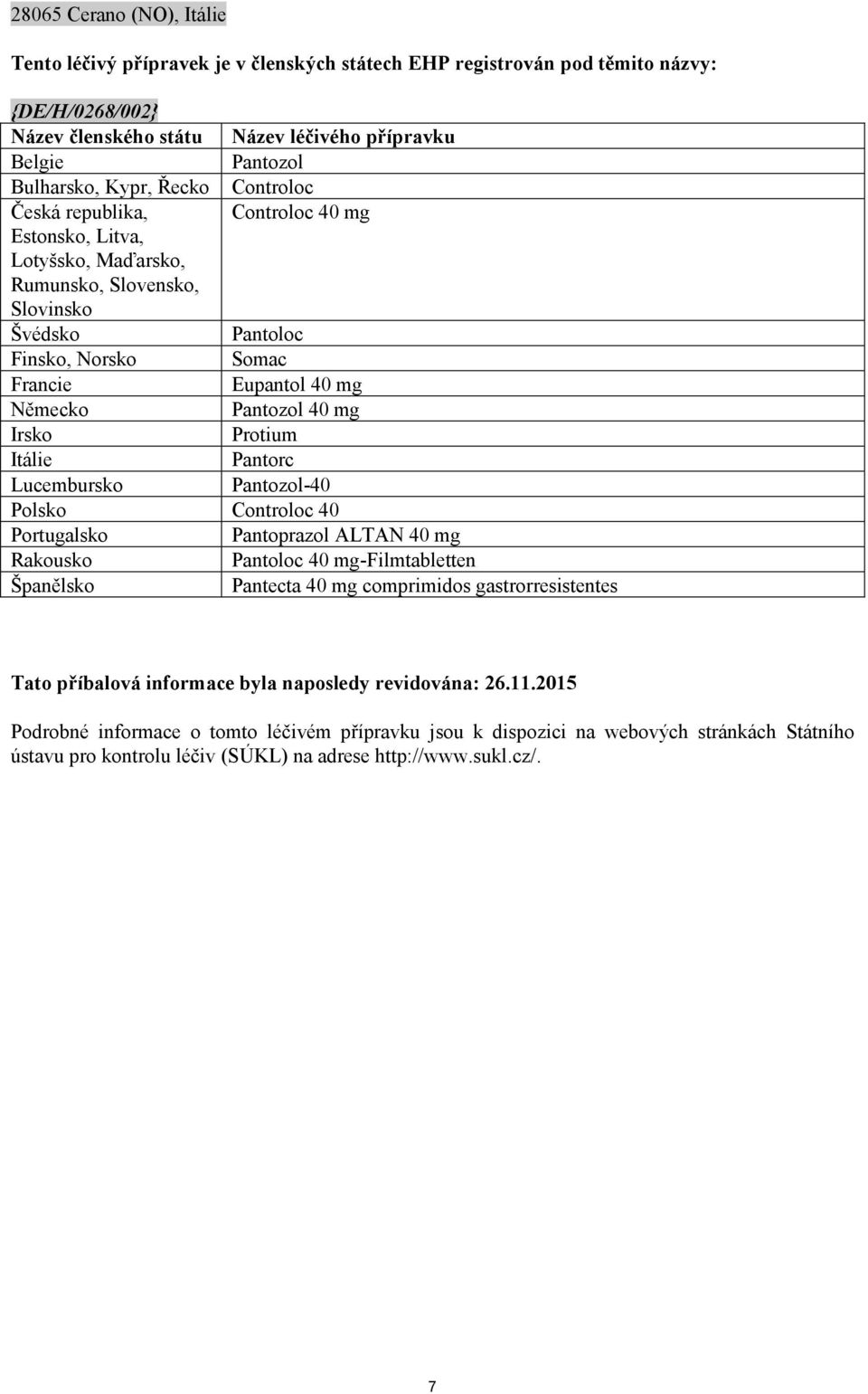 Pantozol 40 mg Irsko Protium Itálie Pantorc Lucembursko Pantozol-40 Polsko Controloc 40 Portugalsko Pantoprazol ALTAN 40 mg Rakousko Pantoloc 40 mg-filmtabletten Španělsko Pantecta 40 mg comprimidos