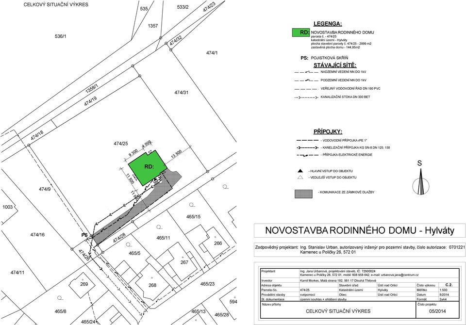 DN T 474/8 9 4 000 RD: 3 500 PŘÍPOJKY: - VODOVODNÍ PŘÍPOJK rp " - KNLIZČNÍ PŘÍPOJK K N-8 DN 25; - PŘÍPOJK LKTRIKÉ NRI - HLVNÍ VTUP DO OJKTU - VDLJŠÍ VTUP DO OJKTU 474/9 -