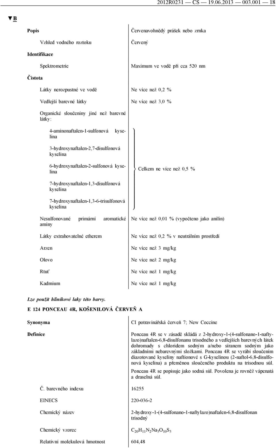 % Organické sloučeniny jiné než barevné látky: kyse 4-aminonaftalen-1-sulfonová lina 3-hydroxynaftalen-2,7-disulfonová kyselina 6-hydroxynaftalen-2-sulfonová kyselina 9 > = Celkem ne více než 0,5 %