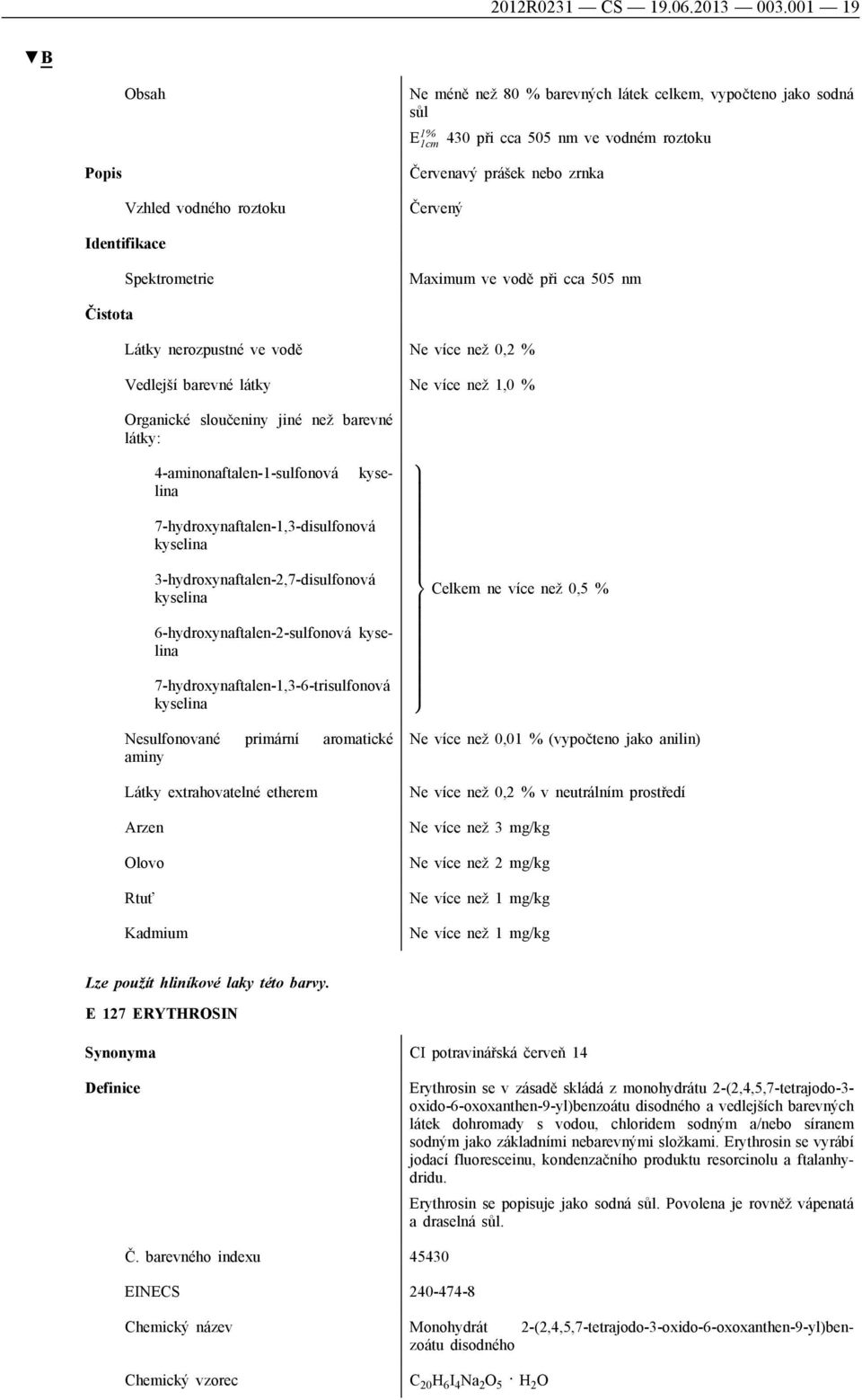 ve vodě při cca 505 nm Látky nerozpustné ve vodě Ne více než 0,2 % Vedlejší barevné látky Ne více než 1,0 % Organické sloučeniny jiné než barevné látky: kyse 4-aminonaftalen-1-sulfonová lina