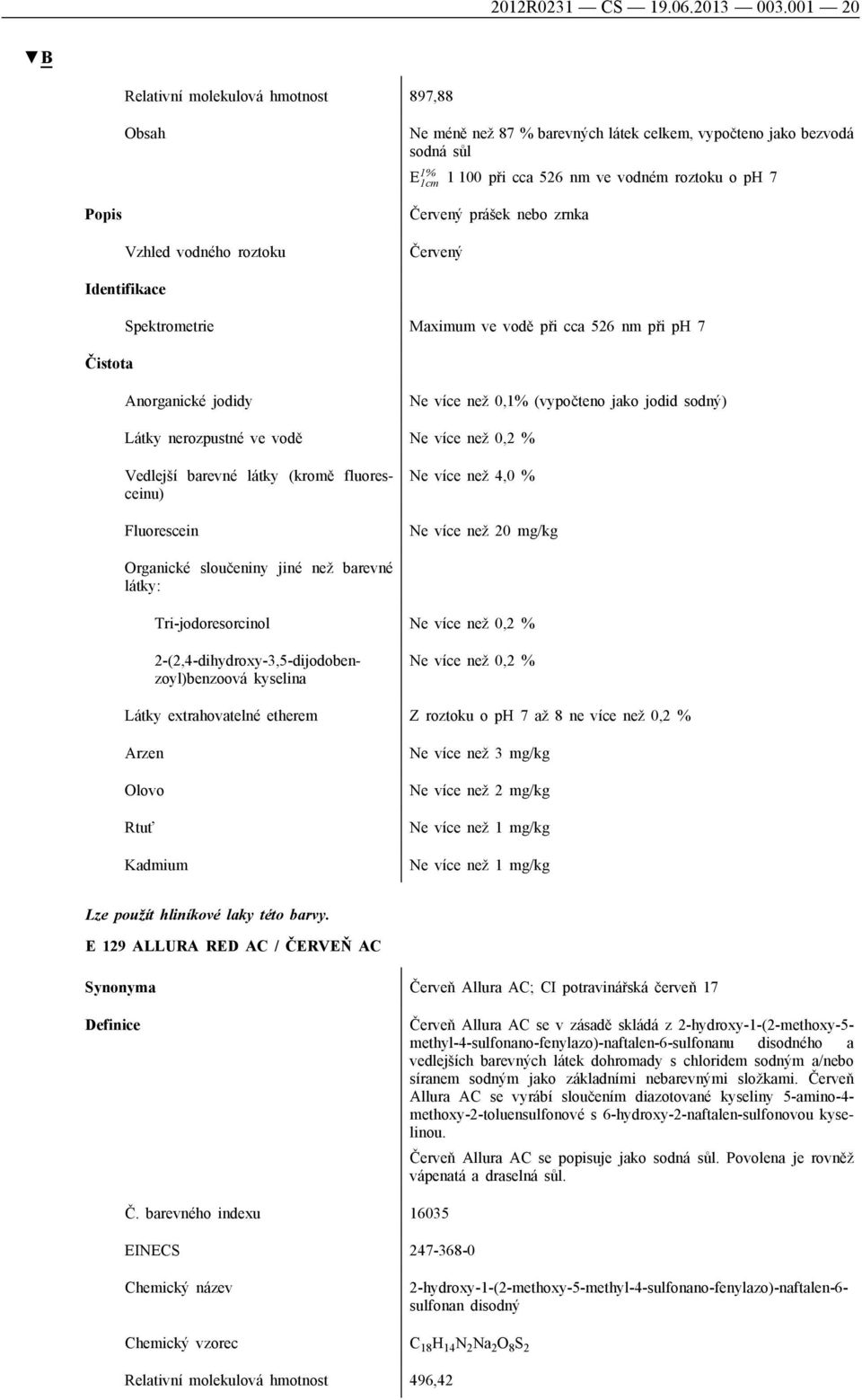 Vzhled vodného roztoku Červený Spektrometrie Maximum ve vodě při cca 526 nm při ph 7 Anorganické jodidy Ne více než 0,1% (vypočteno jako jodid sodný) Látky nerozpustné ve vodě Ne více než 0,2 %