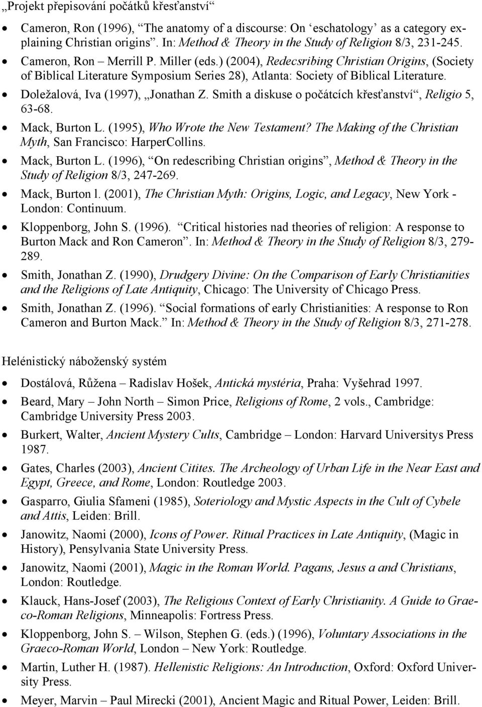 ) (2004), Redecsribing Christian Origins, (Society of Biblical Literature Symposium Series 28), Atlanta: Society of Biblical Literature. Doležalová, Iva (1997), Jonathan Z.