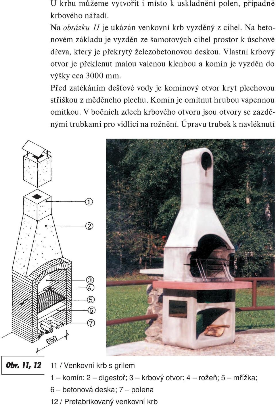 Vlastní krbový otvor je překlenut malou valenou klenbou a komín je vyzděn do výšky cca 3000 mm. Před zatékáním dešťové vody je komínový otvor kryt plechovou stříškou z měděného plechu.