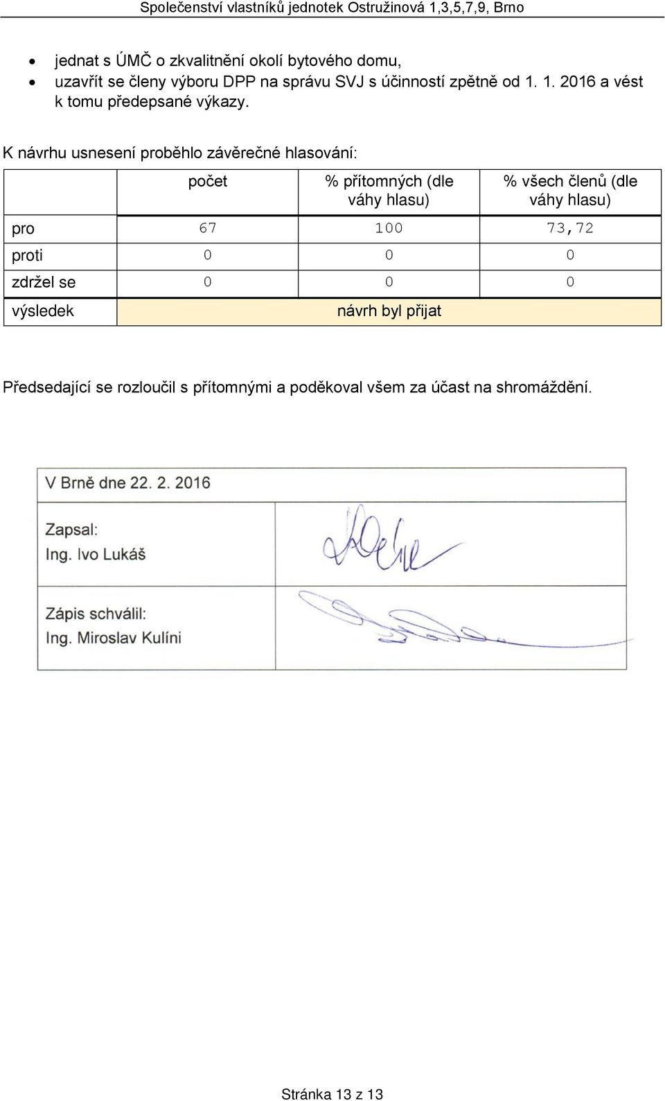 K návrhu usnesení proběhlo závěrečné hlasování: pro 67 100 73,72 Předsedající