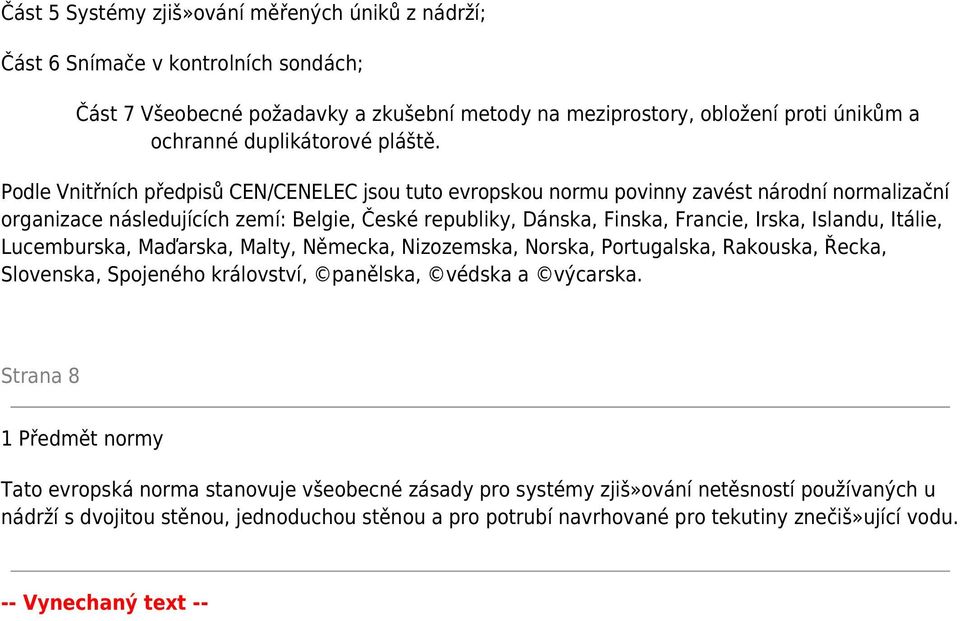 Podle Vnitřních předpisů CEN/CENELEC jsou tuto evropskou normu povinny zavést národní normalizační organizace následujících zemí: Belgie, České republiky, Dánska, Finska, Francie, Irska, Islandu,