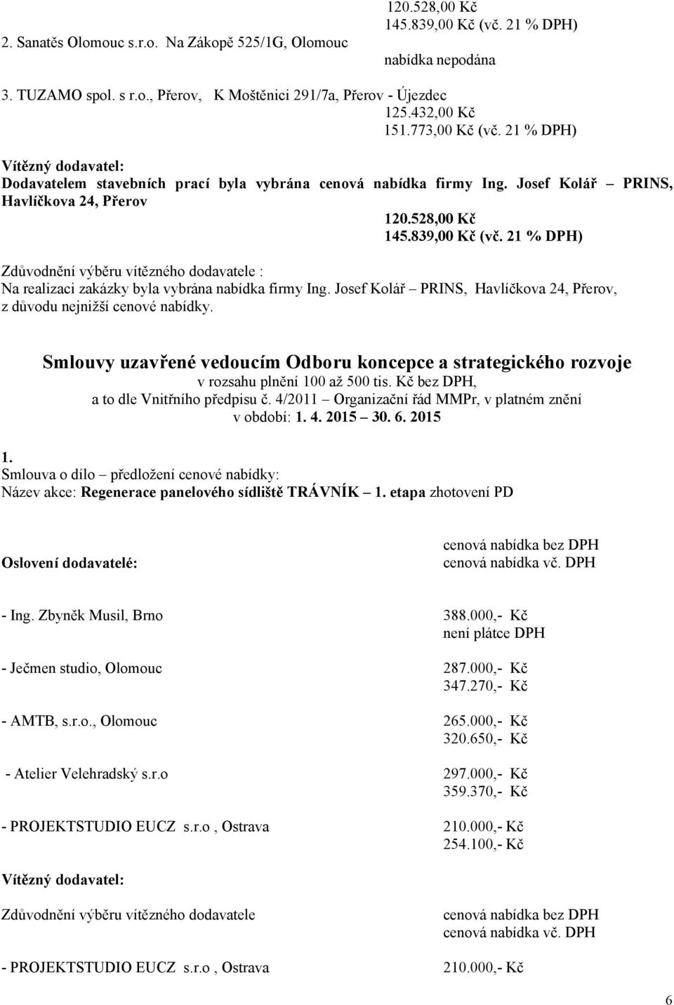 21 % DPH) Zdůvodnění výběru vítězného dodavatele : Na realizaci zakázky byla vybrána nabídka firmy Ing. Josef Kolář PRINS, Havlíčkova 24, Přerov, z důvodu nejnižší cenové nabídky.