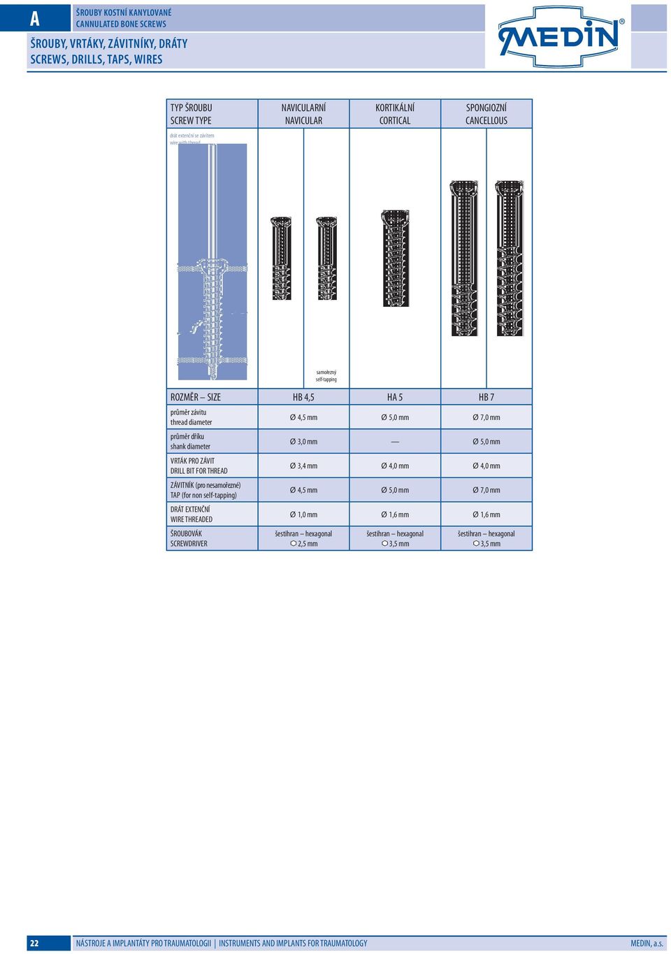 (pro nesamořezné) TP (for non self-tapping) DRÁT EXTENČNÍ WIRE THREDED ŠROUOVÁK SCREWDRIVER Ø 4,5 mm Ø 5,0 mm Ø 7,0 mm Ø 3,0 mm Ø 5,0 mm Ø 3,4 mm Ø 4,0 mm Ø 4,0 mm Ø 4,5 mm Ø 5,0 mm Ø 7,0 mm