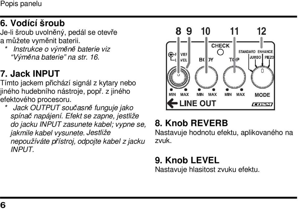 * Jack OUTPUT současně funguje jako spínač napájení. Efekt se zapne, jestliže do jacku INPUT zasunete kabel; vypne se, jakmile kabel vysunete.