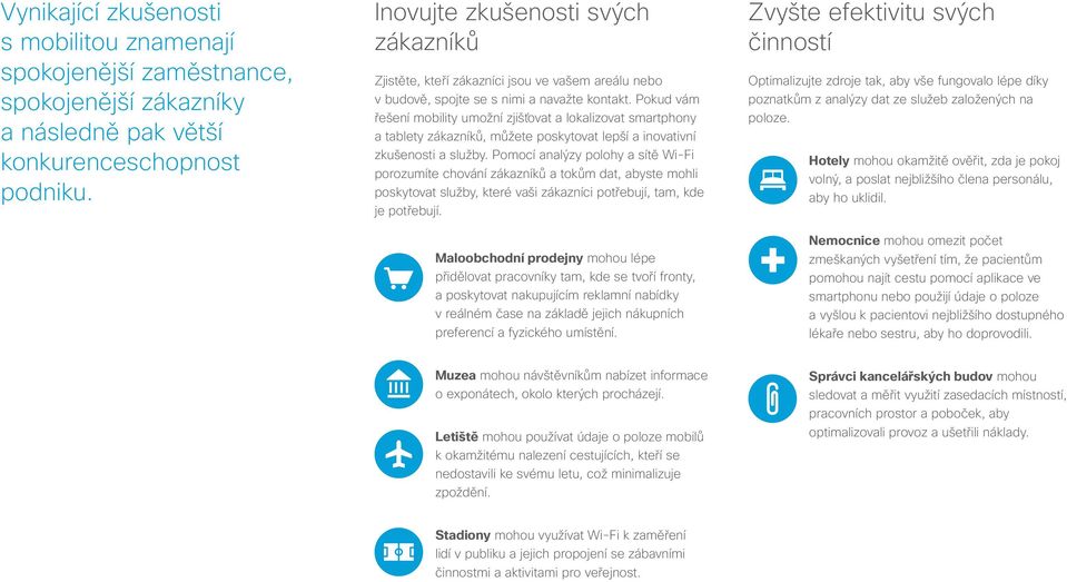Pokud vám řešení mobility umožní zjišťovat a lokalizovat smartphony a tablety zákazníků, můžete poskytovat lepší a inovativní zkušenosti a služby.