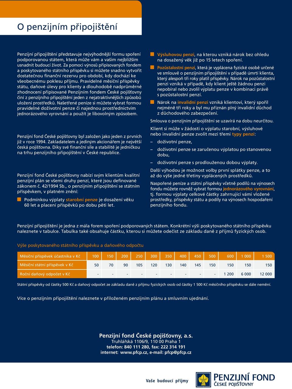 Pravidelné měsíční příspěvky státu, daňové úlevy pro klienty a dlouhodobě nadprůměrné zhodnocení připisované Penzijním fondem České pojišťovny činí z penzijního připojištění jeden z