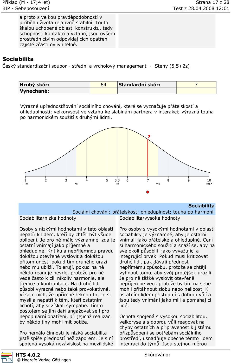 Sociabilita Hrubý skór: 64 Standardní skór: 7 Výrazné upřednostňování sociálního chování, které se vyznačuje přátelskostí a ohleduplností; velkorysost ve vztahu ke slabinám partnera v interakci;