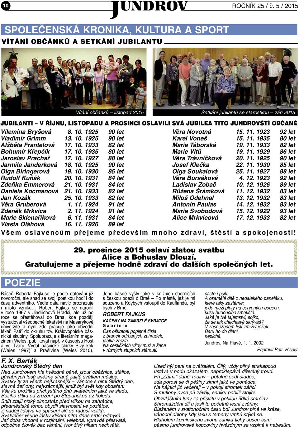 11. 1935 80 let AlÏbûta Frantelová 17. 10. 1933 82 let Marie Táborská 19. 11. 1933 82 let Bohumír Kfiepãík 17. 10. 1935 80 let Marie VítÛ 19. 11. 1929 86 let Jaroslav Prachafi 17. 10. 1927 88 let Vûra Trávníãková 20.