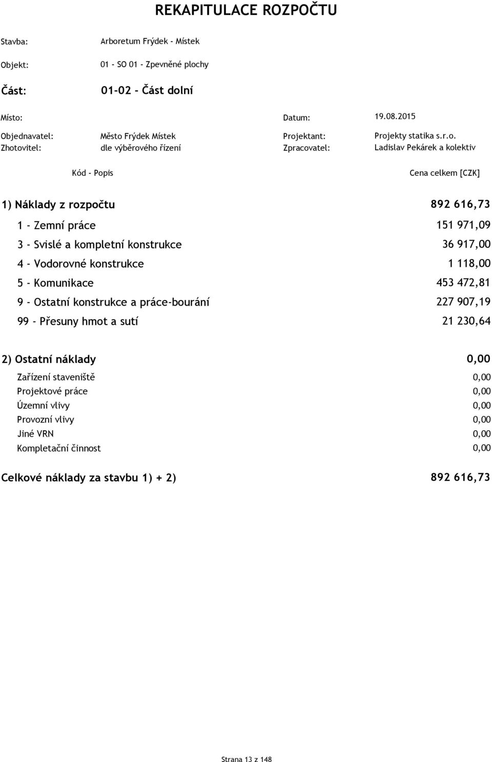 konstrukce a práce-bourání 99 - Přesuny hmot a sutí 892 616,73 151 971,09 36 917,00 1 118,00 453 472,81 227 907,19 21 230,64 2) Ostatní náklady