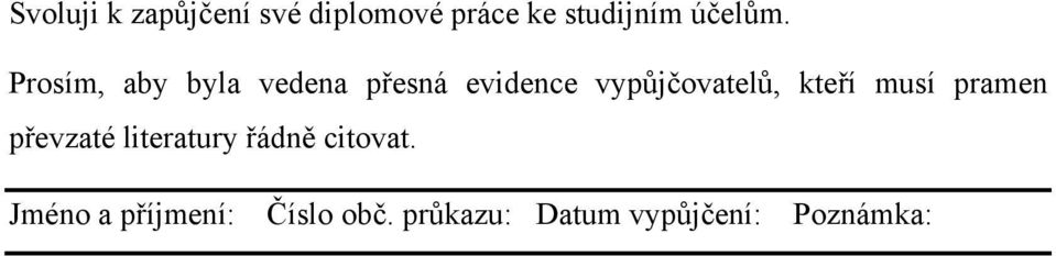 Prosím, aby byla vedena přesná evidence vypůjčovatelů,