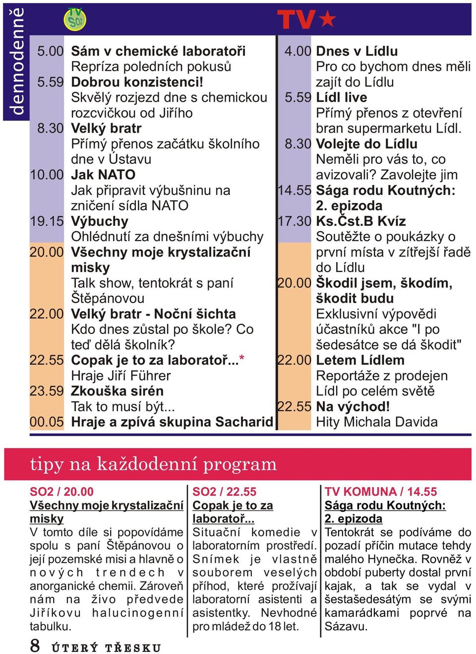 Všechny moje krystalizaèní misky Talk show, tentokrát s paní Štìpánovou Velký bratr - Noèní šichta Kdo dnes zùstal po škole? Co teï dìlá školník? Copak je to za laboratoø.