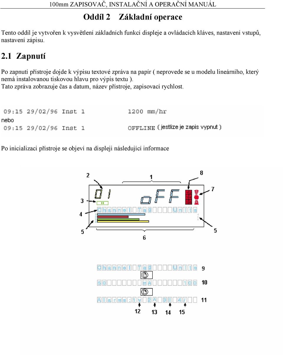 1 Zapnutí Po zapnutí přístroje dojde k výpisu textové zpráva na papír ( neprovede se u modelu lineárního, který