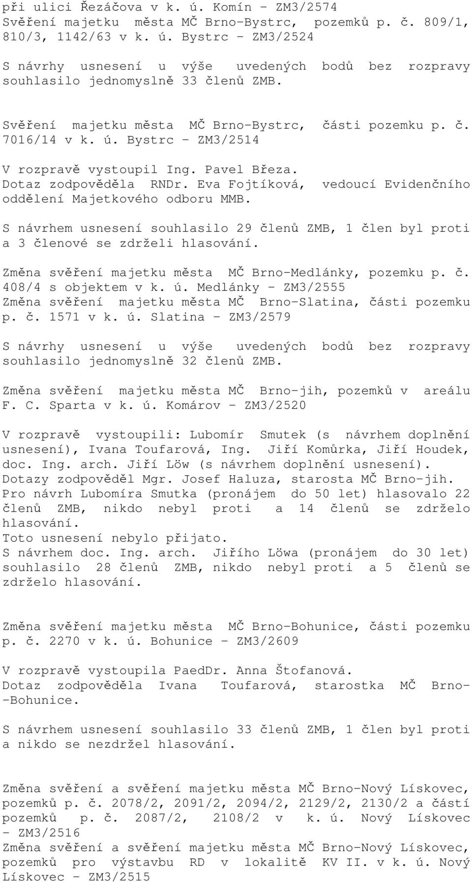 S návrhem usnesení souhlasilo 29 členů ZMB, 1 člen byl proti a 3 členové se zdrželi hlasování. Změna svěření majetku města MČ Brno-Medlánky, pozemku p. č. 408/4 s objektem v k. ú.