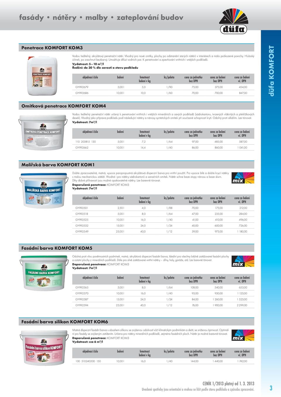 Vydatnost: 5 10 m 2 /l Ředění: do 30 % dle savosti a stavu podkladu GY992679 5,00 l 5,0 1/90 75,00 375,00 454,00 GY992686 10,00 l 10,0 1/60 70,00 700,00 847,00 KOMFORT düfa KOMFORT Omítková penetrace