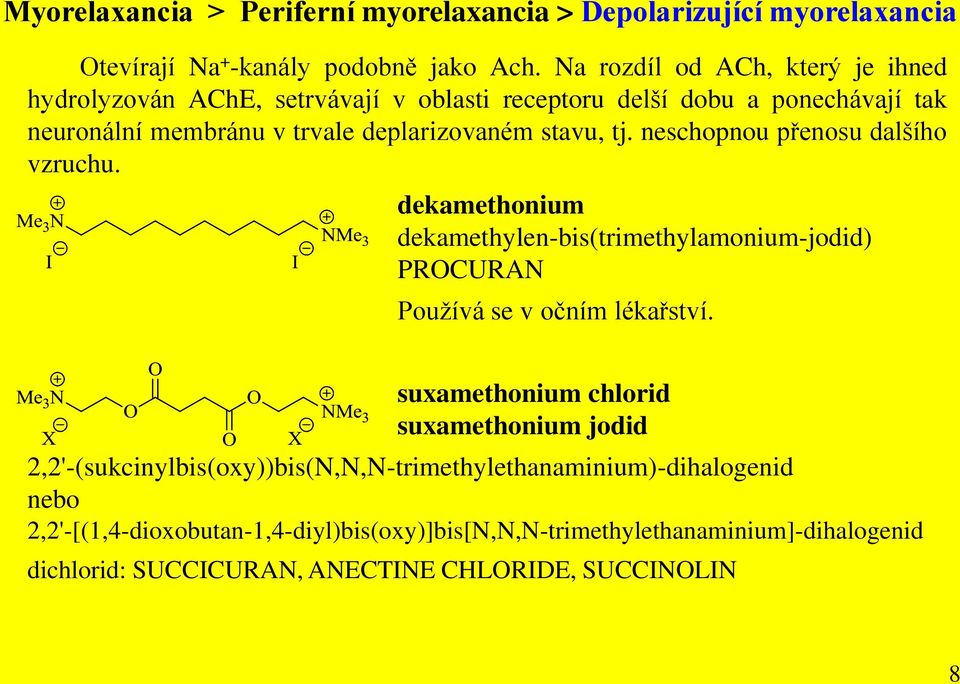 neschopnou přenosu dalšího vzruchu. dekamethonium dekamethylen-bis(trimethylamonium-jodid) PROCURAN Používá se v očním lékařství.