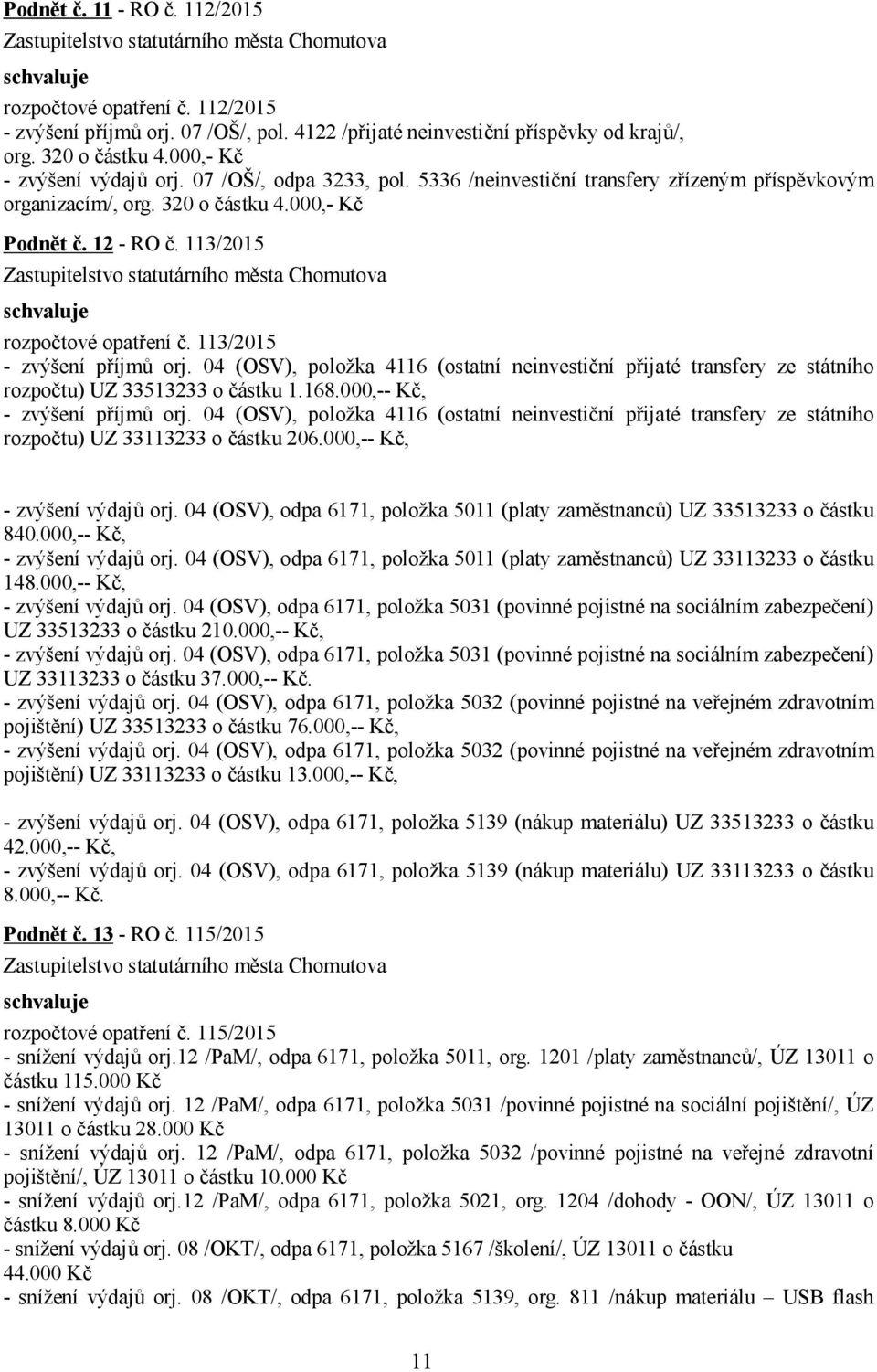 113/2015 - zvýšení příjmů orj. 04 (OSV), položka 4116 (ostatní neinvestiční přijaté transfery ze státního rozpočtu) UZ 33513233 o částku 1.168.000,-- Kč, - zvýšení příjmů orj.