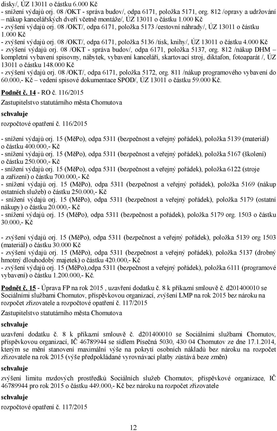 000 Kč - zvýšení výdajů orj. 08 /OKT - správa budov/, odpa 6171, položka 5137, org.