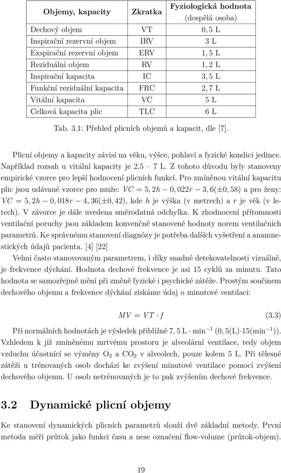Plicní objemy a kapacity závisí na věku, výšce, pohlaví a fyzické kondici jedince. Například rozsah u vitální kapacity je 2,5 7 L.