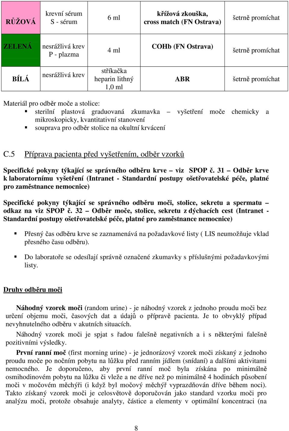 stolice na okultní krvácení C.5 Příprava pacienta před vyšetřením, odběr vzorků Specifické pokyny týkající se správného odběru krve viz SPOP č.