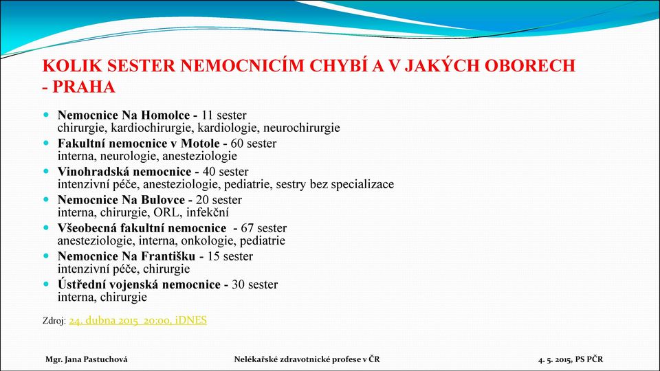 specializace Nemocnice Na Bulovce - 20 sester interna, chirurgie, ORL, infekční Všeobecná fakultní nemocnice - 67 sester anesteziologie, interna, onkologie,