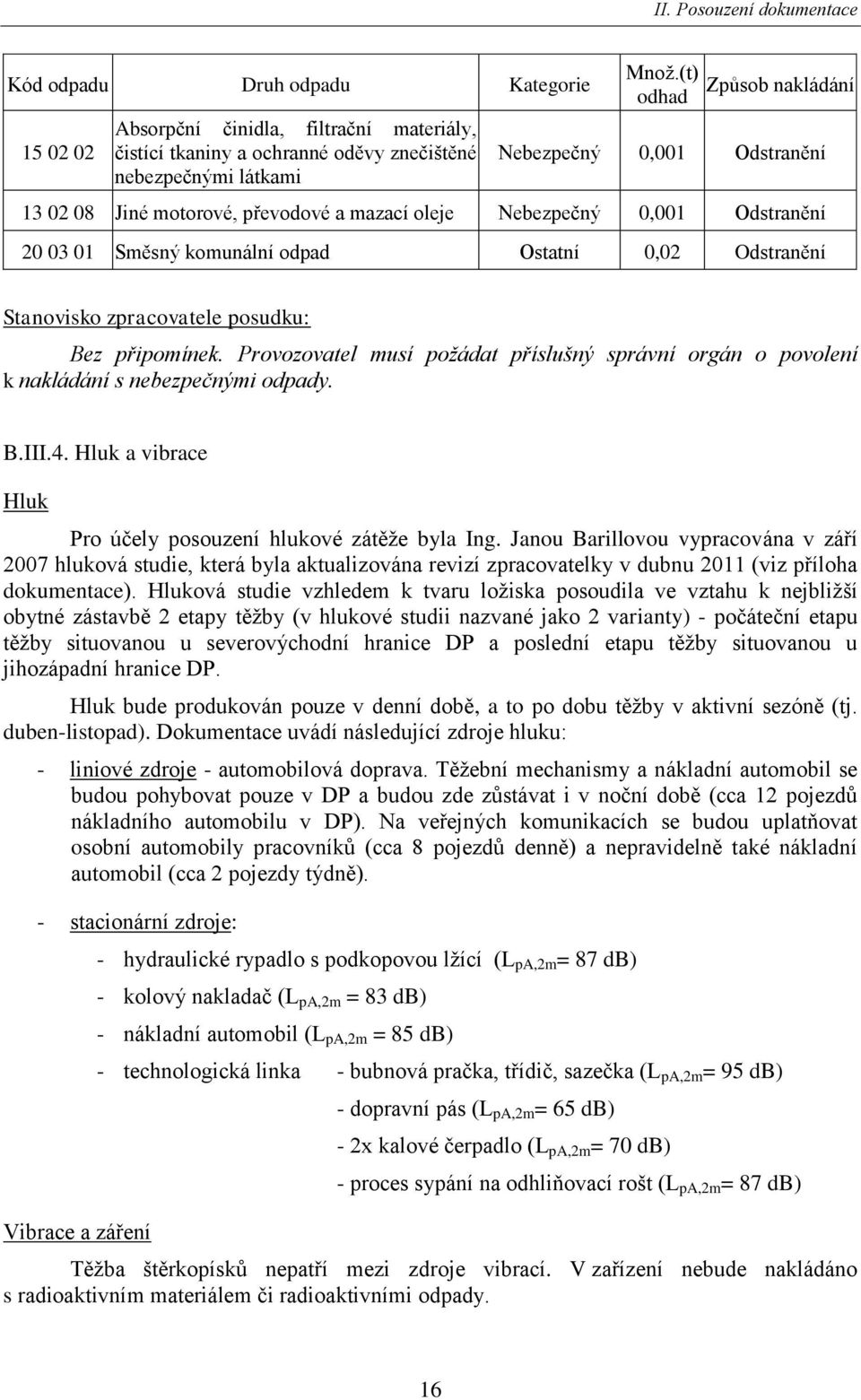 zpracovatele posudku: Bez připomínek. Provozovatel musí požádat příslušný správní orgán o povolení k nakládání s nebezpečnými odpady. B.III.4.