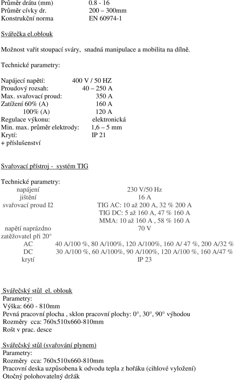 průměr elektrody: 1,6 5 mm Krytí: IP 21 + příslušenství Svařovací přístroj - systém TIG napájení jištění svařovací proud I2 napětí naprázdno zatěžovatel při 20 AC DC krytí 230 V/50 Hz 16 A TIG AC: 10