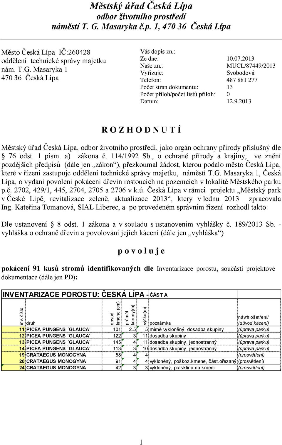 2013 Svobodová 487 881 277 13 0 12.9.2013 R O Z H O D N U T Í Městský úřad Česká Lípa, odbor životního prostředí, jako orgán ochrany přírody příslušný dle 76 odst. 1 písm. a) zákona č. 114/1992 Sb.