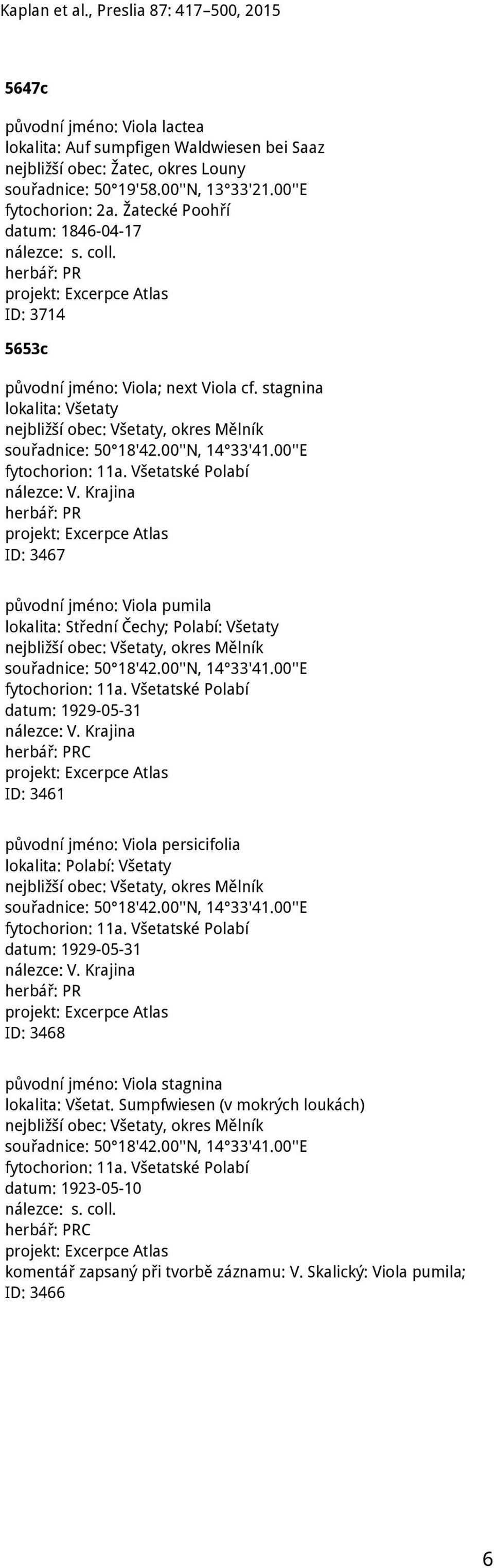 00''N, 14 33'41.00''E fytochorion: 11a. Všetatské Polabí nálezce: V. Krajina ID: 3467 lokalita: Střední Čechy; Polabí: Všetaty nejbližší obec: Všetaty, okres Mělník souřadnice: 50 18'42.