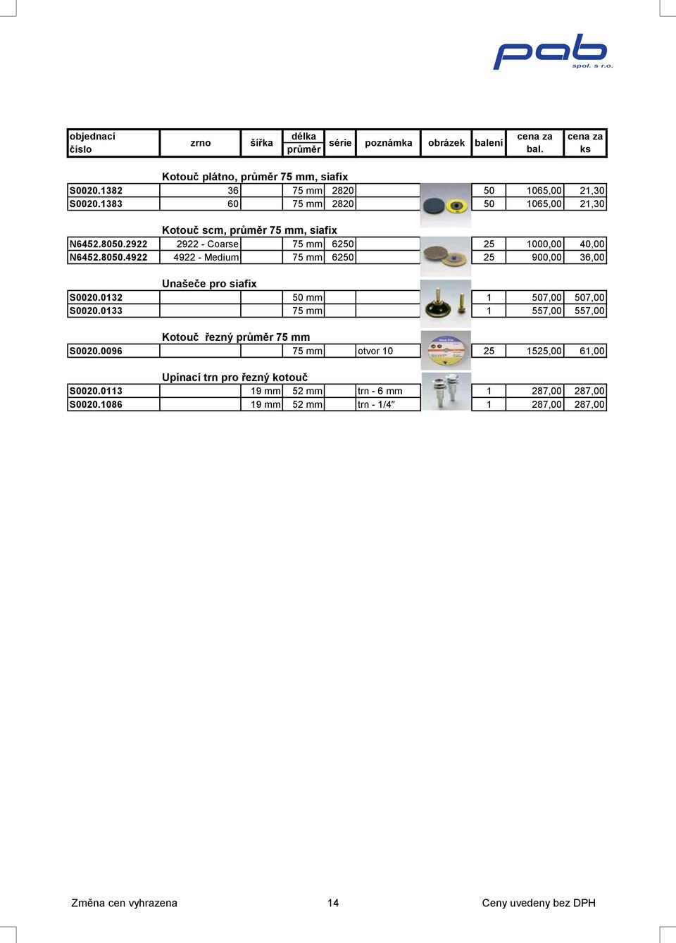 0132 50 mm 1 507,00 507,00 S0020.0133 75 mm 1 557,00 557,00 Kotouč řezný průměr 75 mm S0020.