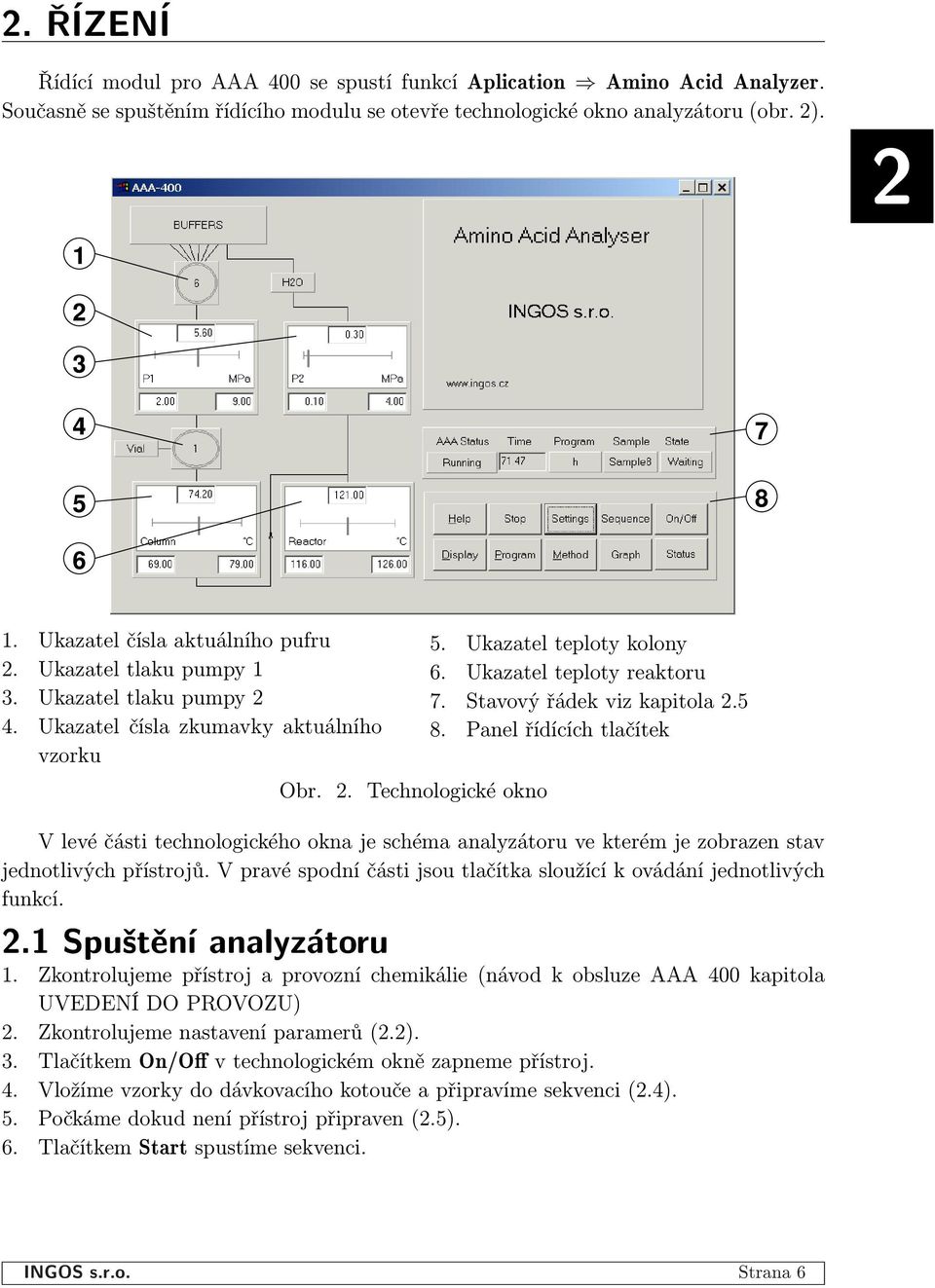 Ukazatel teploty reaktoru 7. Stavový řádek viz kapitola 2.5 8. Panel řídících tlačítek V levé části technologického okna je schéma analyzátoru ve kterém je zobrazen stav jednotlivých přístrojů.