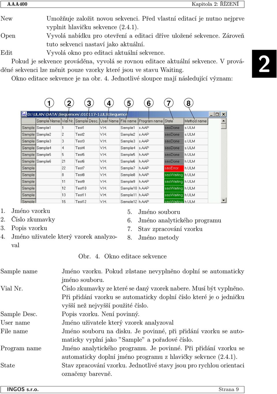 V prováděné sekvenci lze měnit pouze vzorky které jsou ve stavu Waiting. Okno editace sekvence je na obr. 4. Jednotlivé sloupce mají následující význam: 2 1 2 3 4 5 6 7 8 1. Jméno vzorku 2.