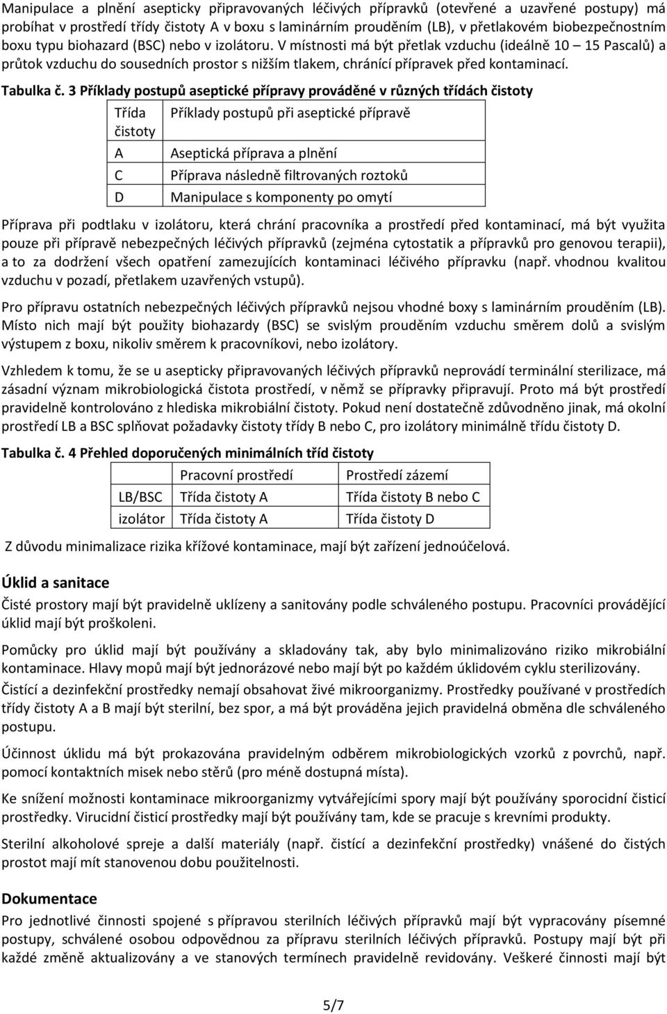 V místnosti má být přetlak vzduchu (ideálně 10 15 Pascalů) a průtok vzduchu do sousedních prostor s nižším tlakem, chránící přípravek před kontaminací. Tabulka č.