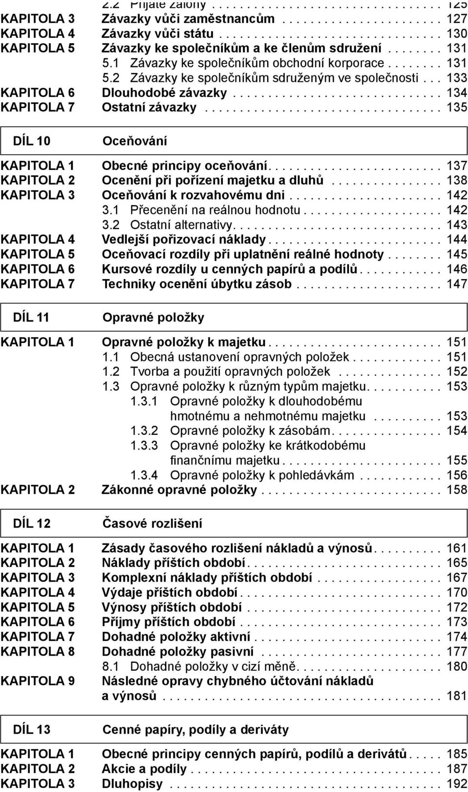 .. 135 DÍL 10 Oceňování KAPITOLA 1 Obecné principy oceňování... 137 KAPITOLA 2 Ocenění při pořízení majetku a dluhů... 138 KAPITOLA 3 Oceňování k rozvahovému dni... 142 3.