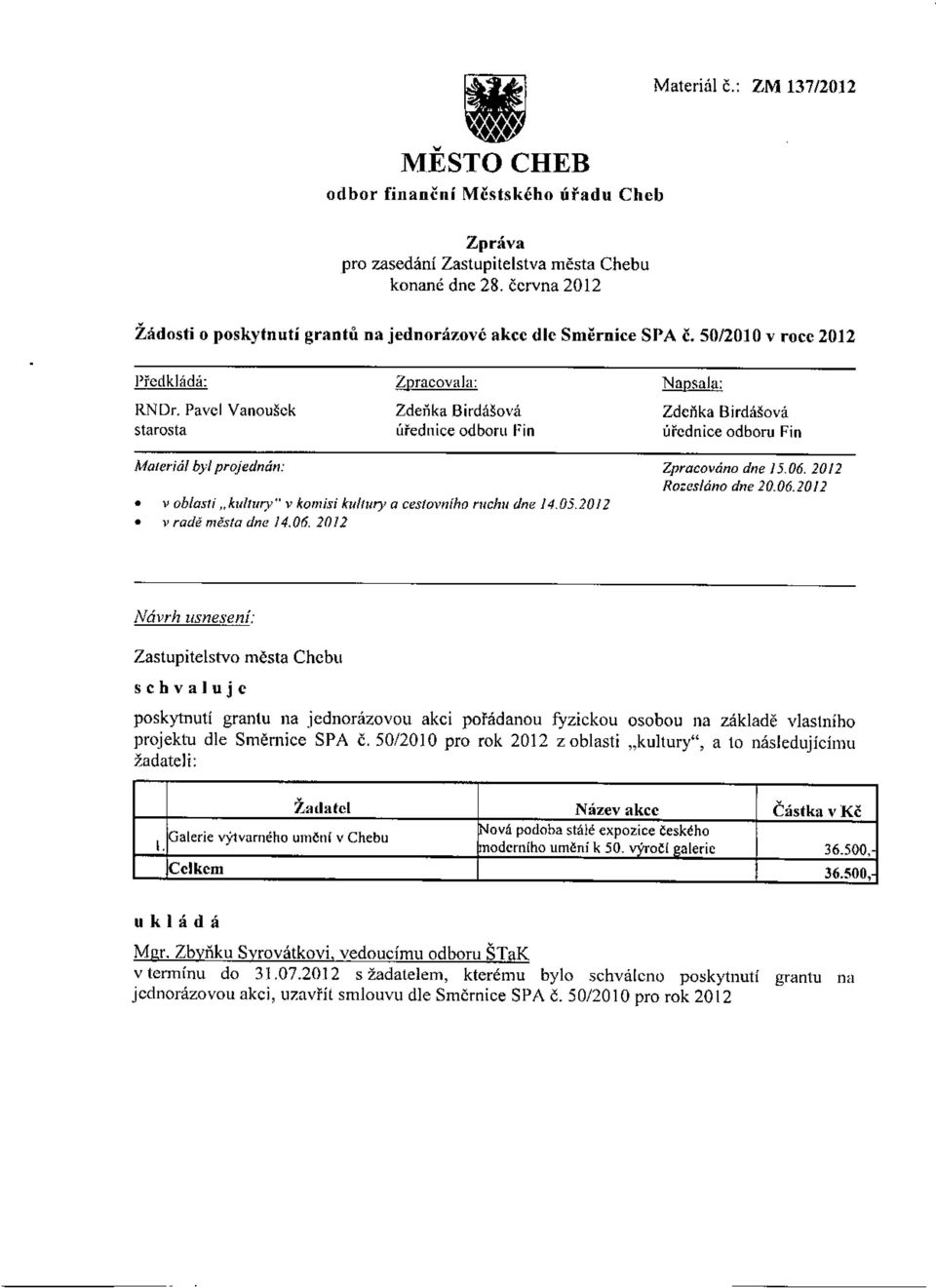 rl/chll dne 14.05.2012 v radě města dne 14.06. 20]2 Zpracováno dne J 5. 06. 20/2 Rozesláno dne 20.06.20/2 Zastupitelstvo města Chebu poskytnutí grantu na jednorázovou akci pořádanou fyzickou osobou na základě vlastního projektu dle Směmicc SPA Č.