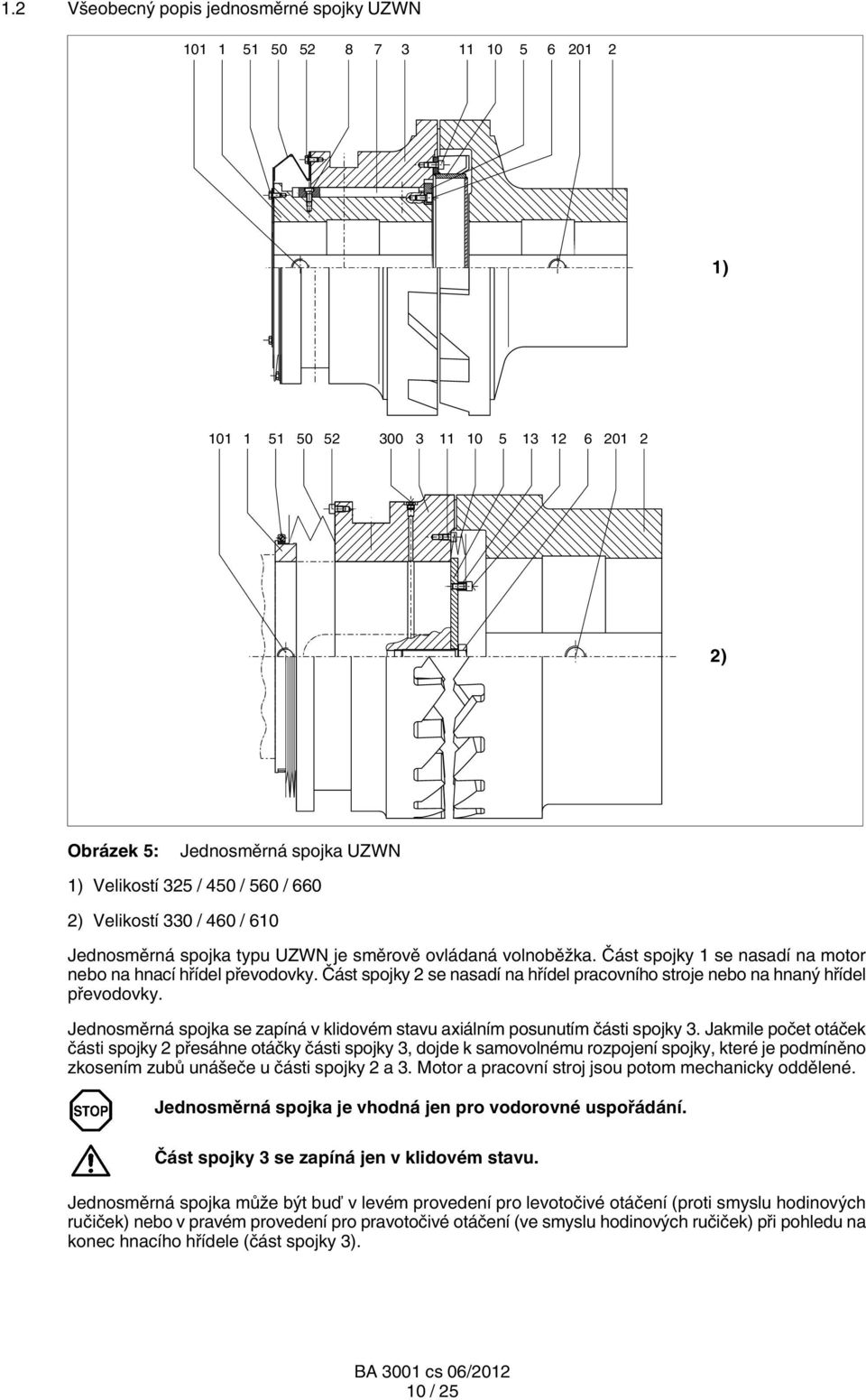 Část spojky 2 se nasadí na hřídel pracovního stroje nebo na hnaný hřídel převodovky. Jednosměrná spojka se zapíná v klidovém stavu axiálním posunutím části spojky 3.