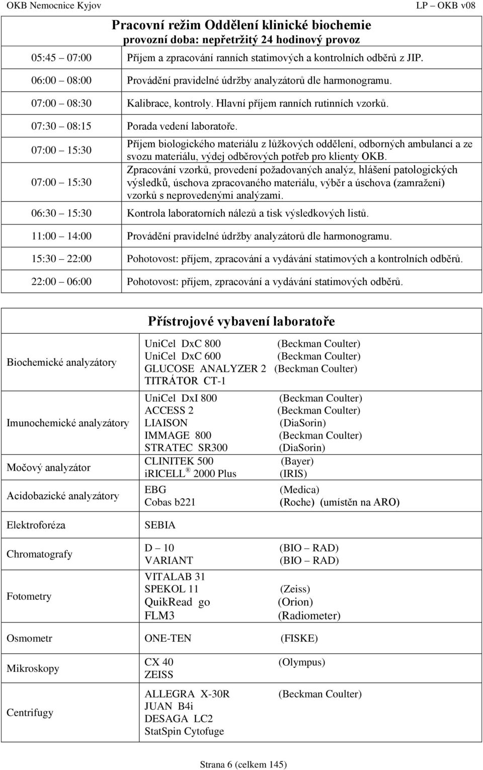 07:00 15:30 07:00 15:30 Příjem biologického materiálu z lůžkových oddělení, odborných ambulancí a ze svozu materiálu, výdej odběrových potřeb pro klienty OKB.