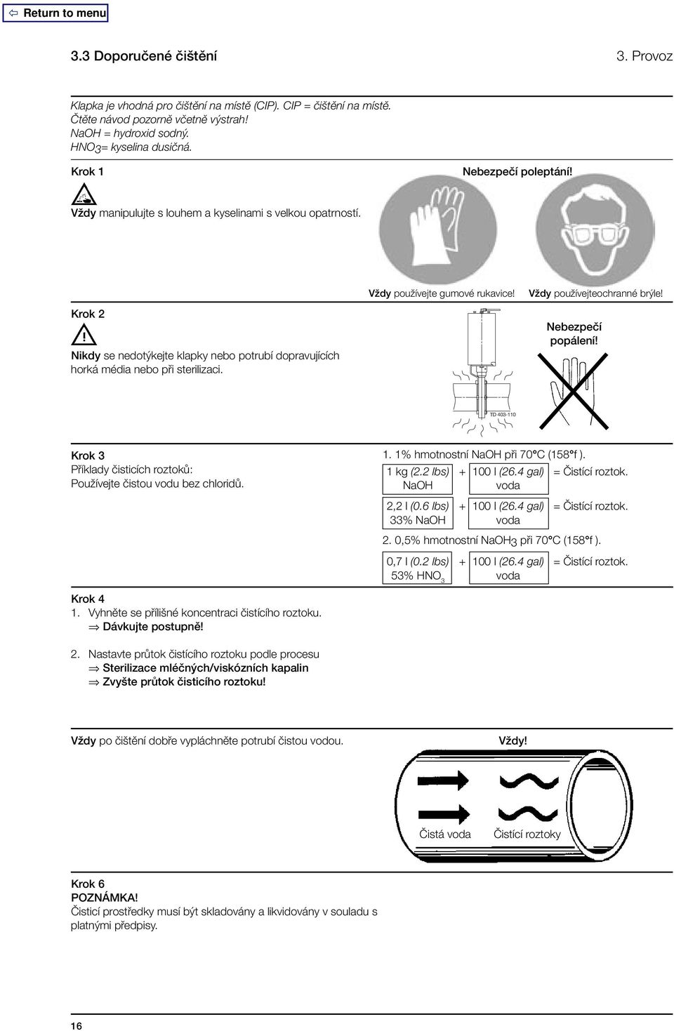 Krok 2 Nikdy se nedotýkejte klapky nebo potrubí dopravujících horká média nebo při sterilizaci. Nebezpečí popálení! Krok 3 Příklady čisticích roztoků: Používejte čistou vodu bez chloridů. 1.