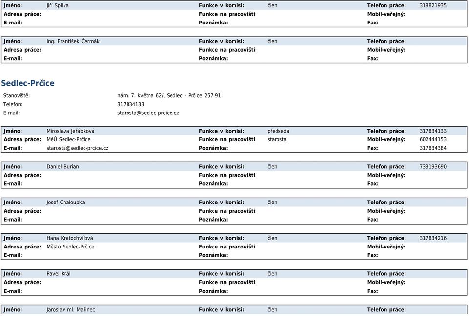 cz Jméno: Miroslava Jeřábková Funkce v komisi: předseda Telefon práce: 317834133 Adresa práce: MěÚ Sedlec-Prčice Funkce na pracovišti: starosta Mobil-veřejný: 602444153 starosta@sedlec-prcice.